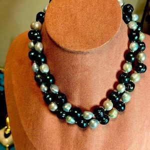 Hand knotted ENHANCED natural large, freshwater pearls in silver/blue. 30 inches
